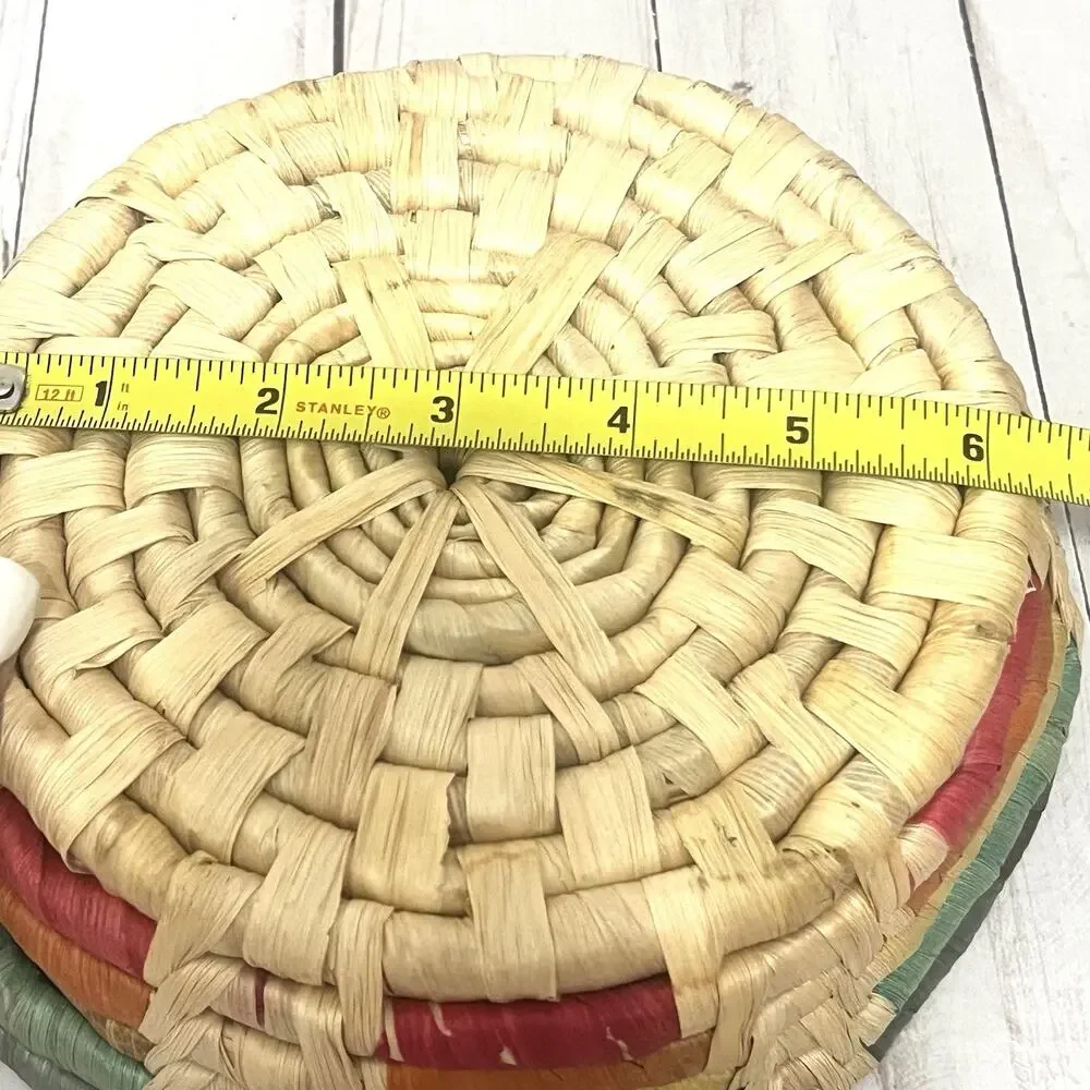 Vintage Handwoven Boho Colorful Straw Corn Husk Basket Rustic Farmhouse Decor